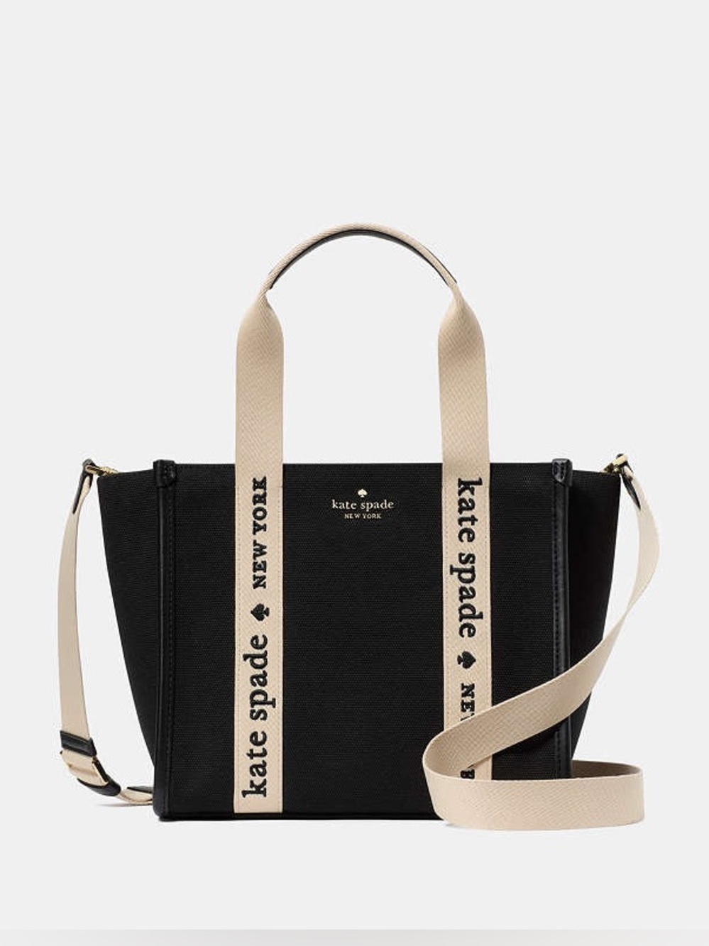kate spade Kip Black small Canvas Tote crossbody bag with Cream Logo Straps